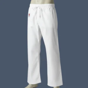 Image shows front view of white canvas karate pants.