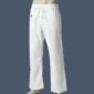 Image shows front view of white canvas karate pants.