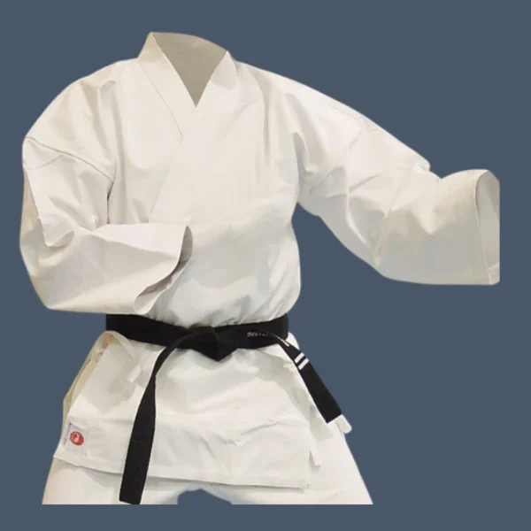 Image shows white karate jacket, worn with a black belt.