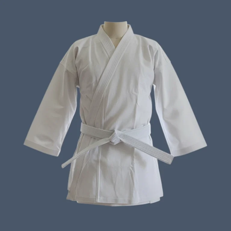 View of front of karate jacket made in 14oz canvas fabric.