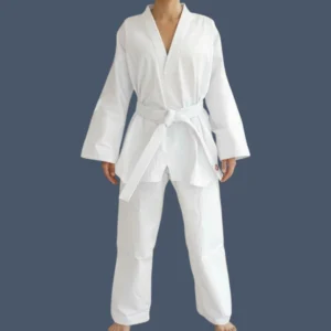 Front view of woman wearing Taekwondo uniform.