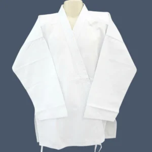 Image shows front view of white karate jacket.