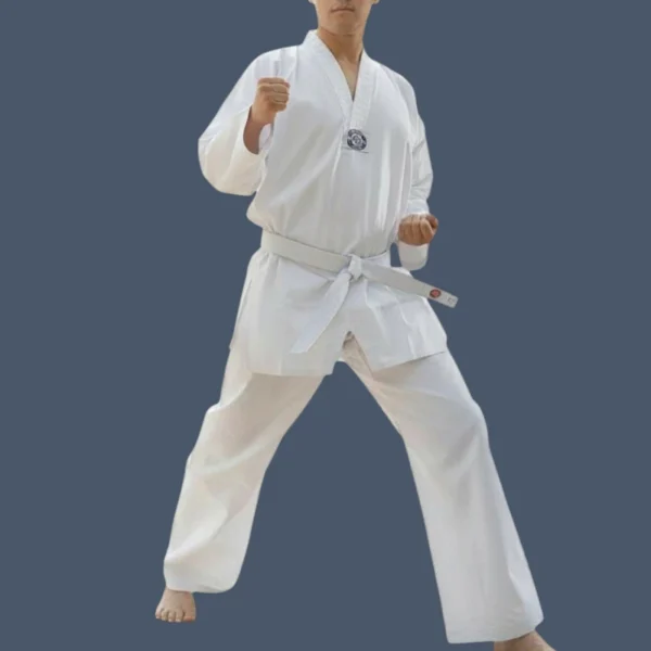 Man wearing white Taekwondo uniform.