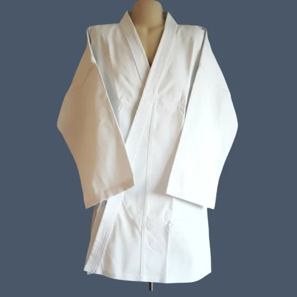 Image shows front view of a karate jacket made in 100% cotton.