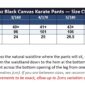 size chart for 12oz black canvas karate pants