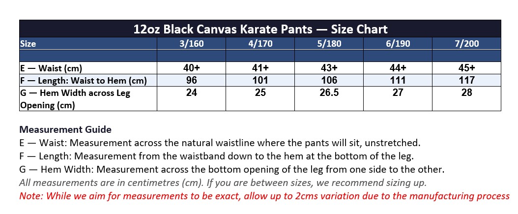 Pants_12oz black size chart for 12oz black canvas karate pants