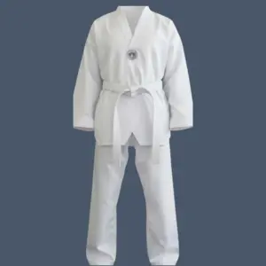 Man wearing 100% cotton V-neck Taekwondo uniform with ITF logo, front view