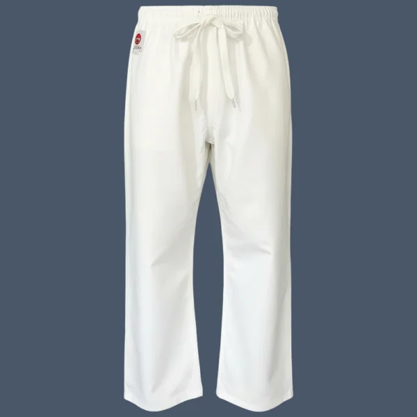 Image shows front view of 16oz canvas karate pants from front.
