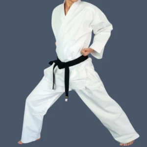 View of man wearing 10oz weight canvas karate uniform.