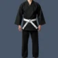Image shows front view of man wearing black karate uniform with a white belt.