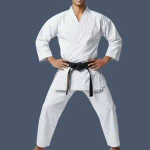 Front view of man wearing white canvas karate uniform.