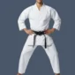 Front view of man wearing white canvas karate uniform.
