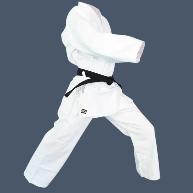 Side view of 14oz cotton canvas karate uniform