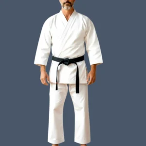 Man wearing 14oz weight white karate uniform with black belt.