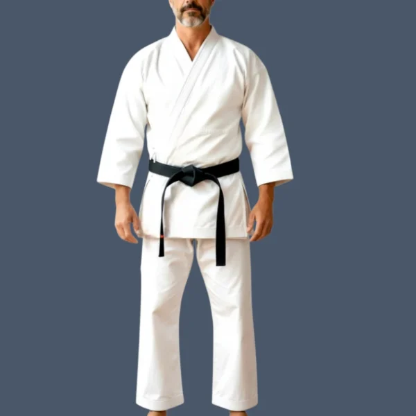 Man wearing 14oz weight white karate uniform with black belt.