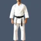 Man wearing 14oz weight white karate uniform with black belt.