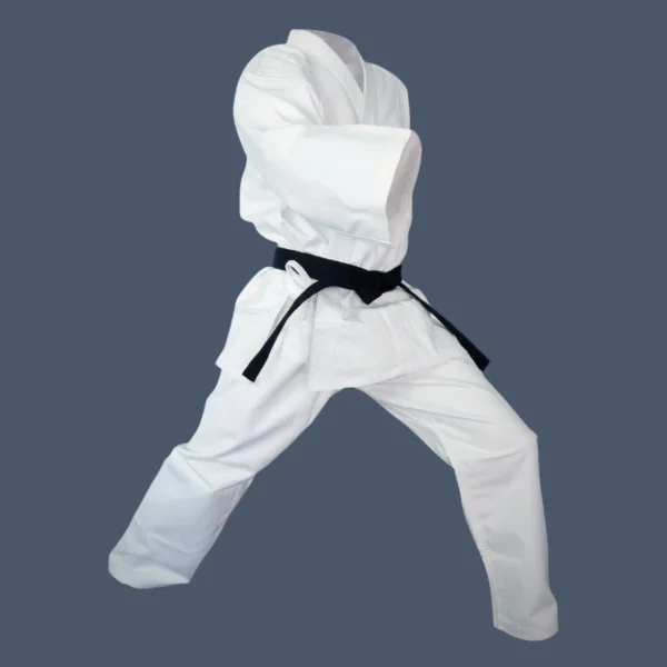 16OZCGI_not_preshrunk Front side view of a canvas karate gi made in 16oz weight cotton canvas.