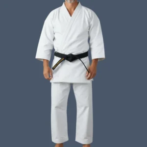 Front view ofa heavy canvas karate uniform, worn with a black belt.