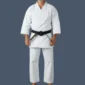 Front view ofa heavy canvas karate uniform, worn with a black belt.