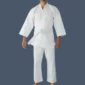Front view of man wearing a white all cotton karate uniform.