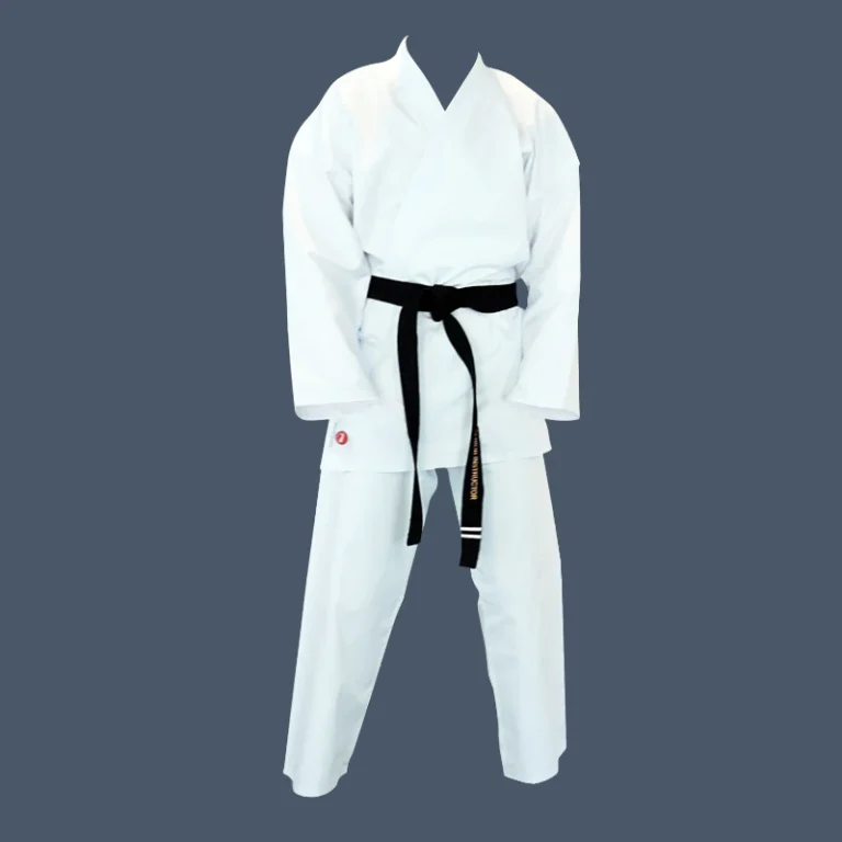 Front view of basic martial arts uniform, made up of jacket, pants and white belt.
