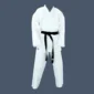 Front view of basic martial arts uniform, made up of jacket, pants and white belt.