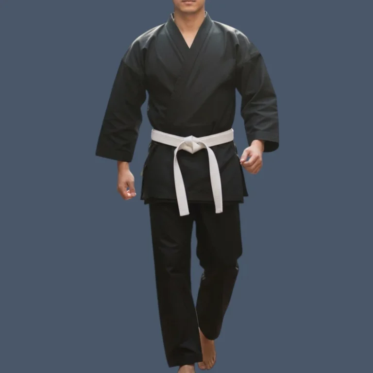 Image of man wearing black karate uniform.