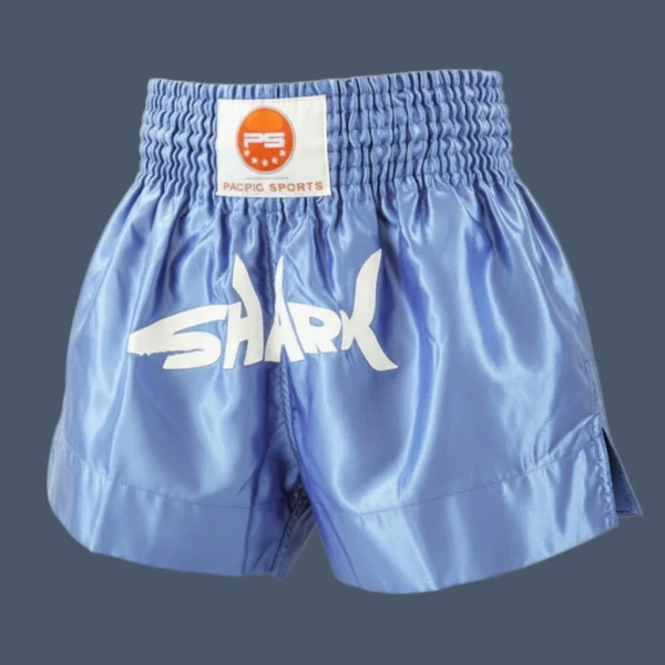BSTKBS_Shark_flat Close up image of Muay Thai shorts seen from front.