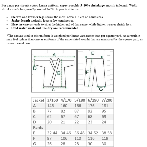 Clearance Not pre shrunk Linear rated karate uniforms size chart and fabric description for non pre-shrunk karate uniform