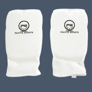 Font view of white sparring mitts used for martial arts training.