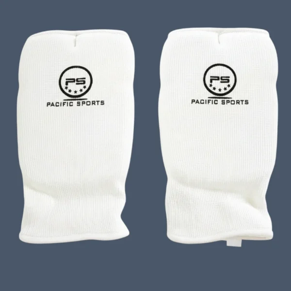 Font view of white sparring mitts used for martial arts training.