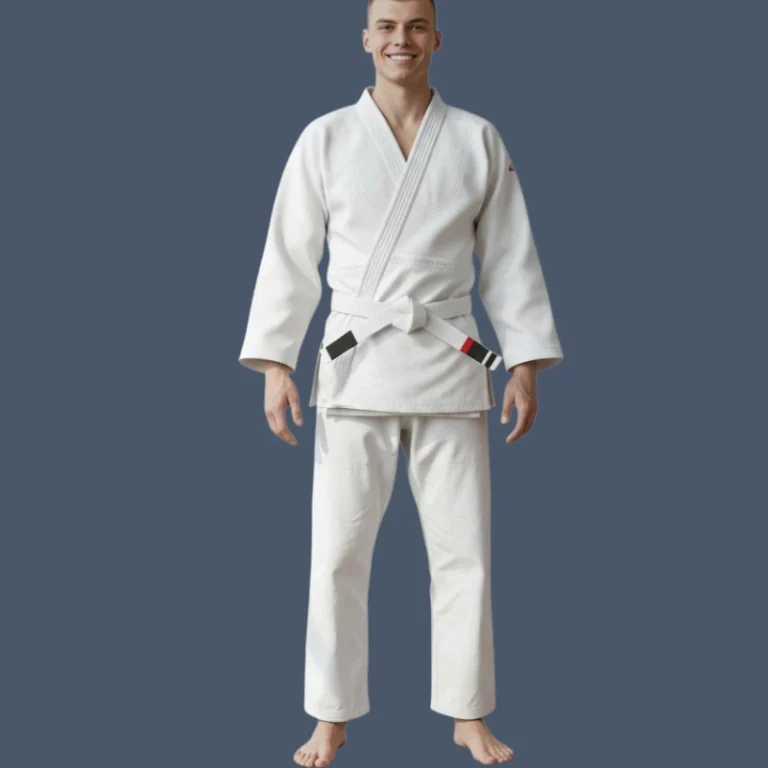 Image shows lightweight 250gsm BJJ gi worn by a male practitioner.