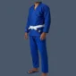 Image shows side front view of man wearing a blue BJJ gi