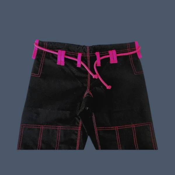 JJB250_pants_waistcord2 Image shows a closeup view of womens black BJJ pants, made in 250gsm fabric.