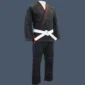 Image shows front view black BJJ gi with a red trim.