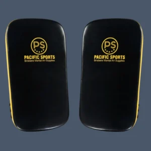 Front view of a pair of Thai leather kick shields