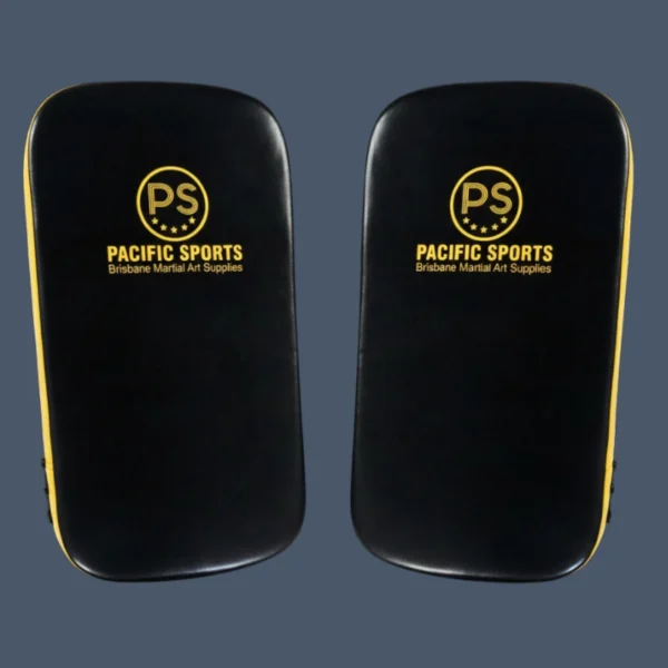 Front view of a pair of Thai leather kick shields