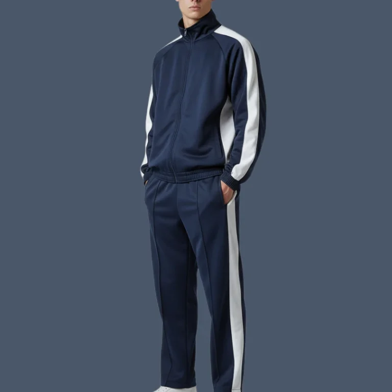 Side front image of unisex tracksuit, modelled by a male.