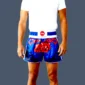Blue Muay Thai shorts with red and blue design vinyl patch to front.