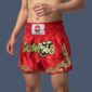Muay Thai shorts in red and gold design, made in polyester silk. Worn by Muay Thai practitioner