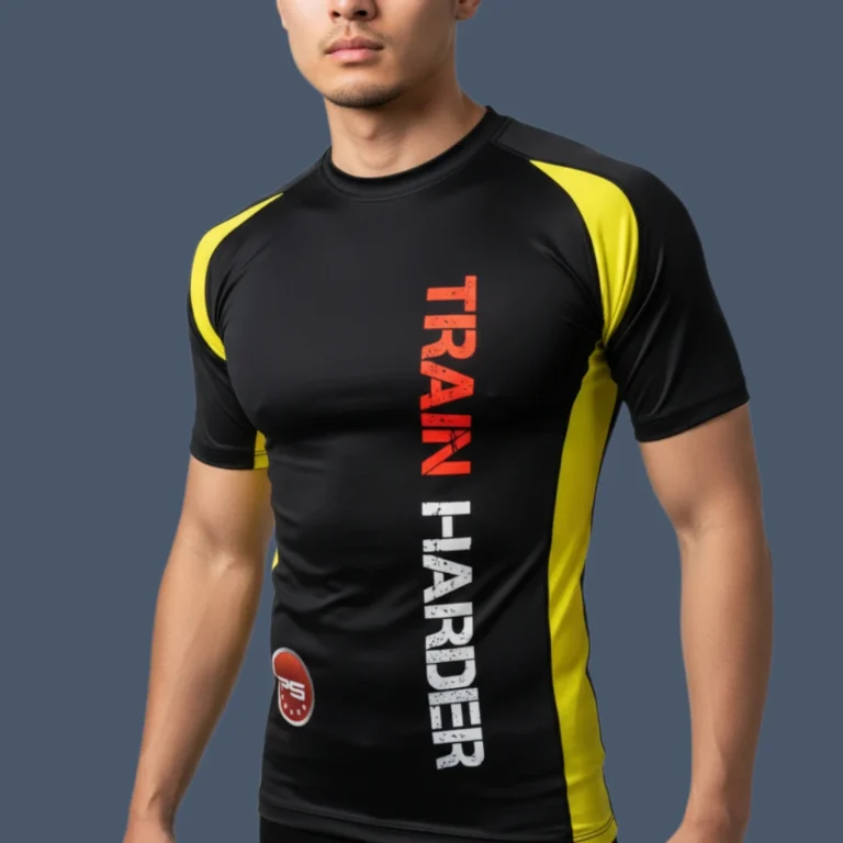 Man wearing short sleeved rashguard with wording 'Train Harder' at side front.