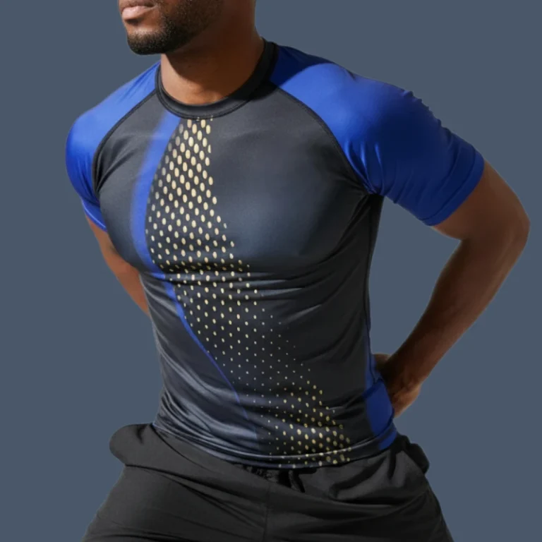 Man wearing short sleeved black and indigo rashguard