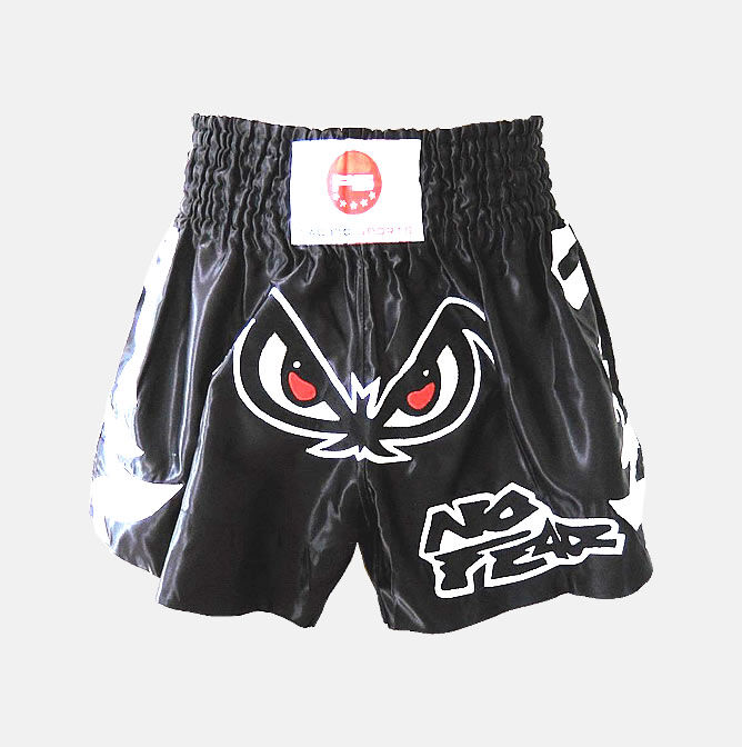 Kickboxing Shorts - "No Fear" Black Satin