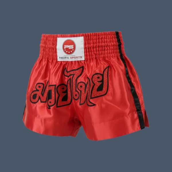 RSTKB_flat Thai shorts in red satin with black side stripes.