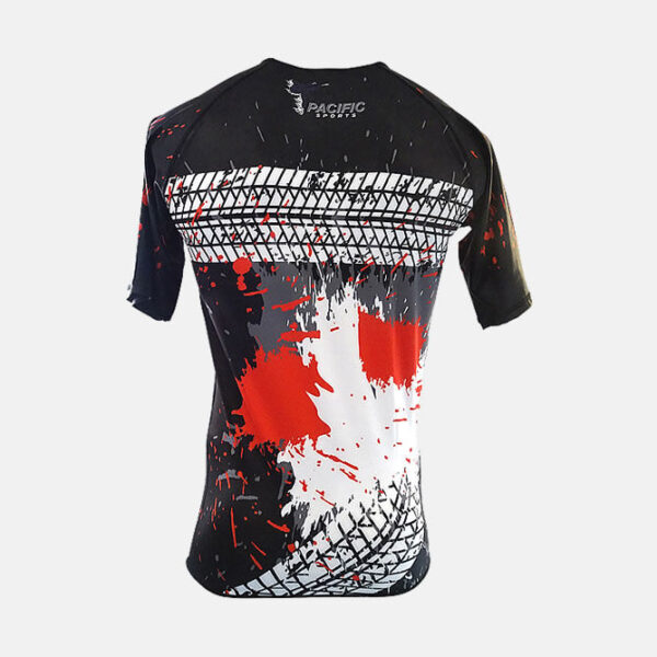 RashGuardPolyesterSpandexCrossFitShortSleeves2 Back view of polyester spandex rash guard showing flatlock stitching