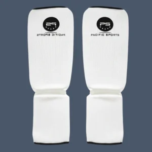 Front view of martial arts shin and instep protectors.