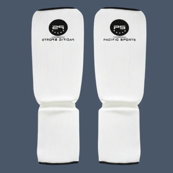 Front view of martial arts shin and instep protectors.