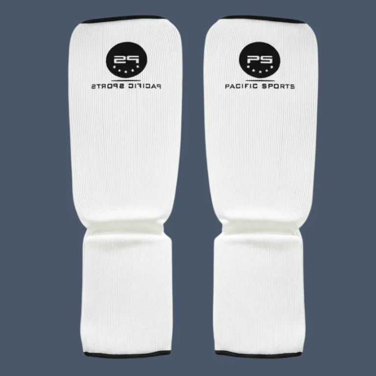 Front view of martial arts shin and instep protectors.