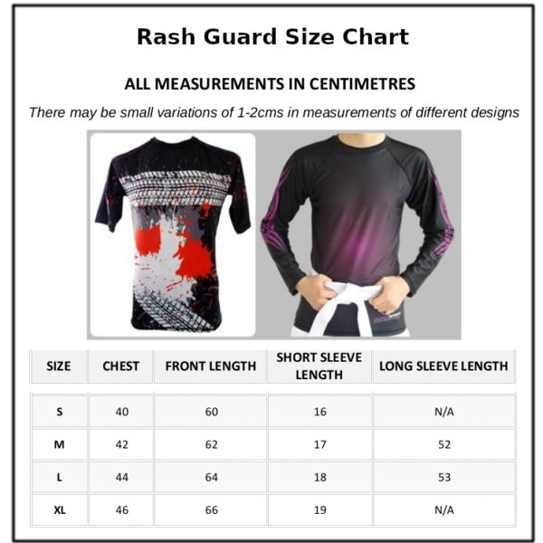 Size chart for Pacific Sports long sleeve rash guard - measurements for M and L Size chart for Pacific Sports long sleeve rash guard - measurements for M and L