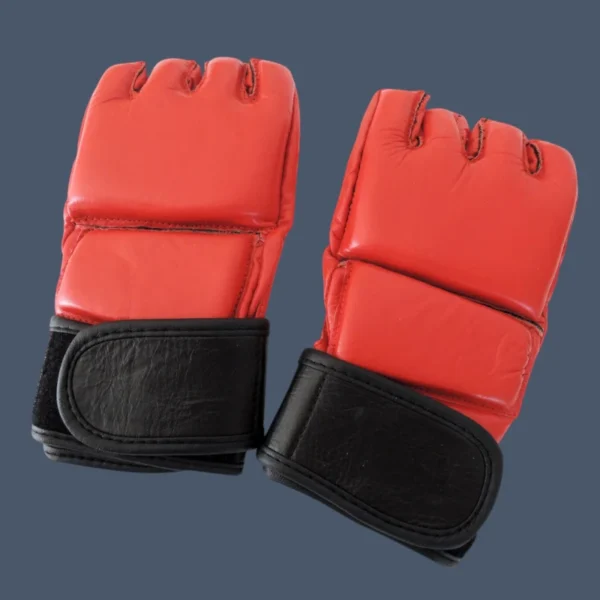 red gloves 002 View of back of red leather MMA gloves, showing black leather wrist wrap.